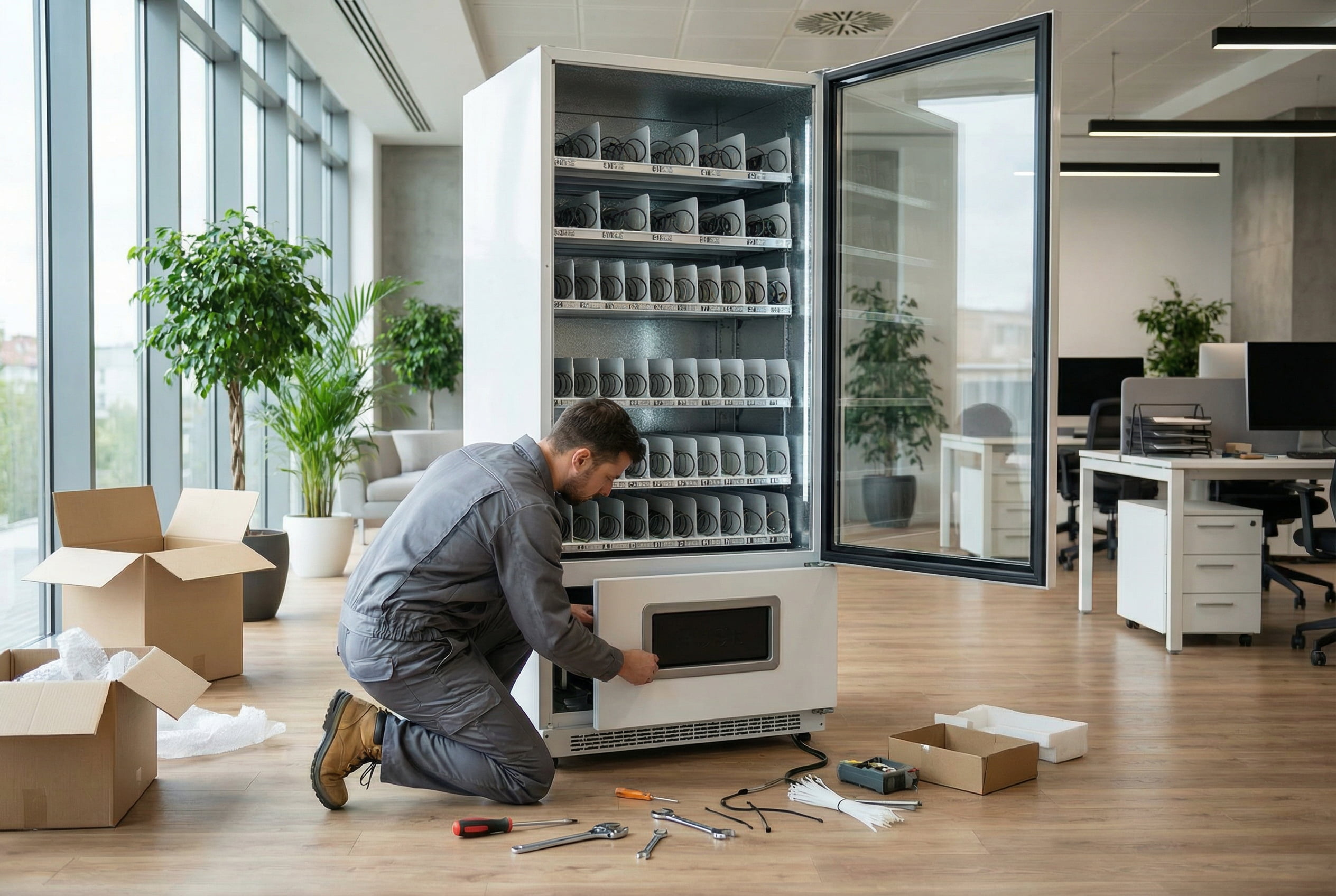 Técnico instalando máquina VendingSion en empresa cliente